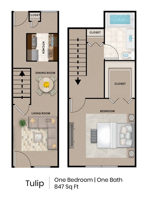 Floor plan for 1 bed, 1 bath, 847 sqft